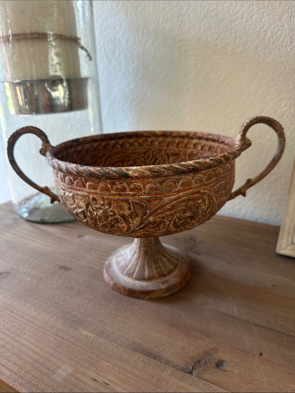Rustic Copper-Tone Decorative Two-Handled Pedestal Bowl - Home Accents
